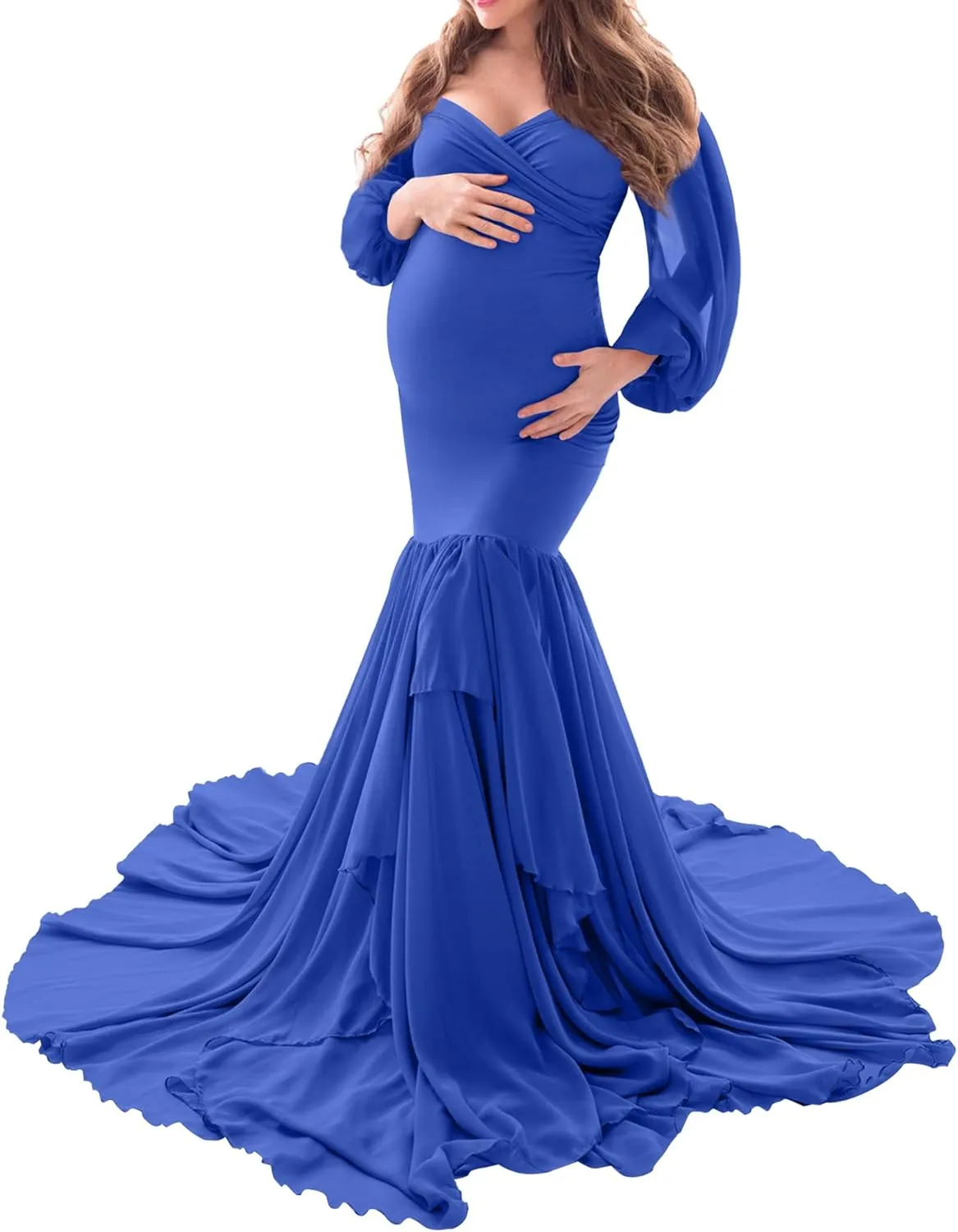Saslax Long Chiffon Sleeve Tired Mermaid Maternity Dress for Photoshoot Photography Baby Shower