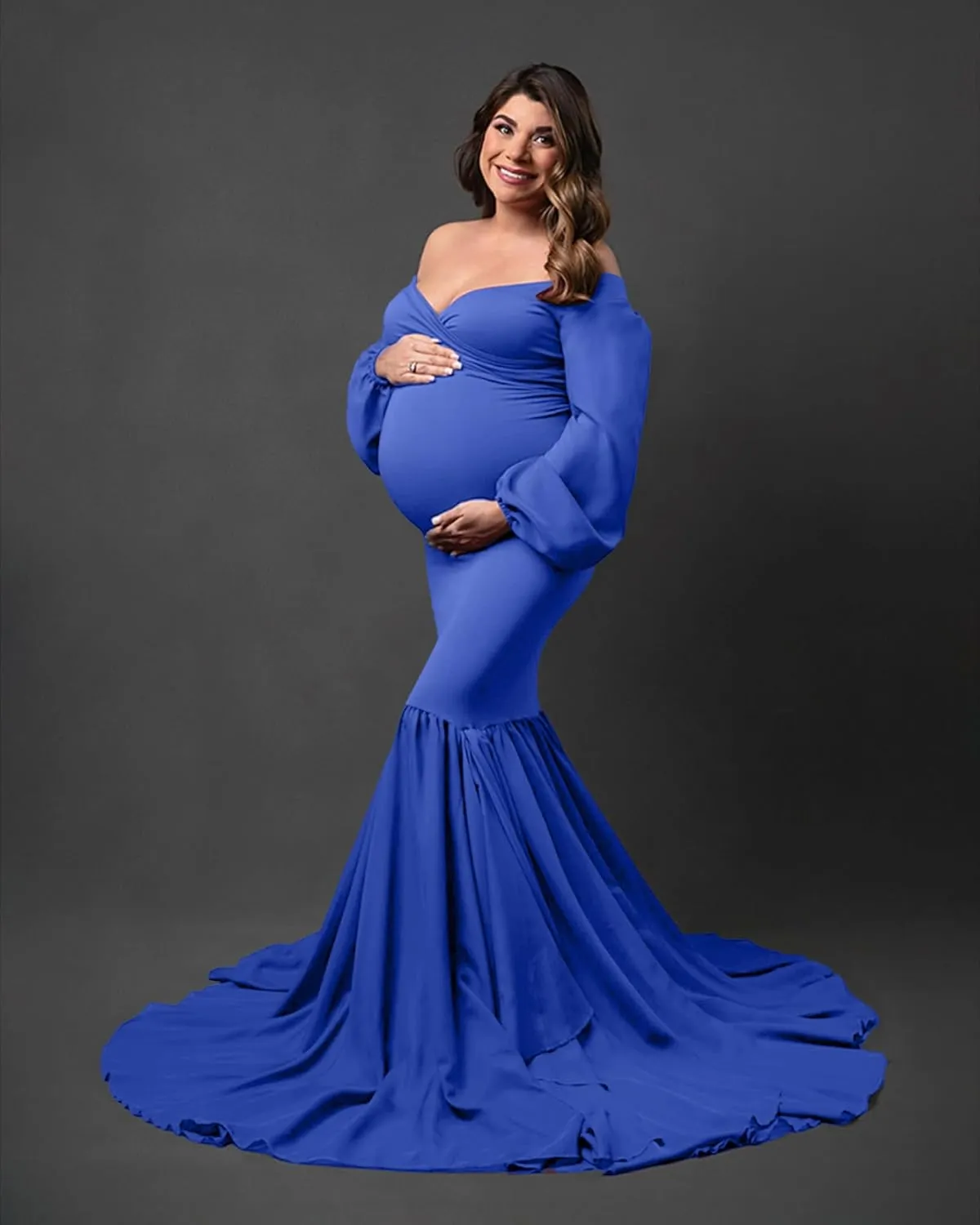 Saslax Long Chiffon Sleeve Tired Mermaid Maternity Dress for Photoshoot Photography Baby Shower