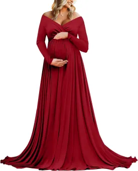 Saslax Maternity Off Shoulders Half Circle Gown for Baby Shower Photo Props Dress