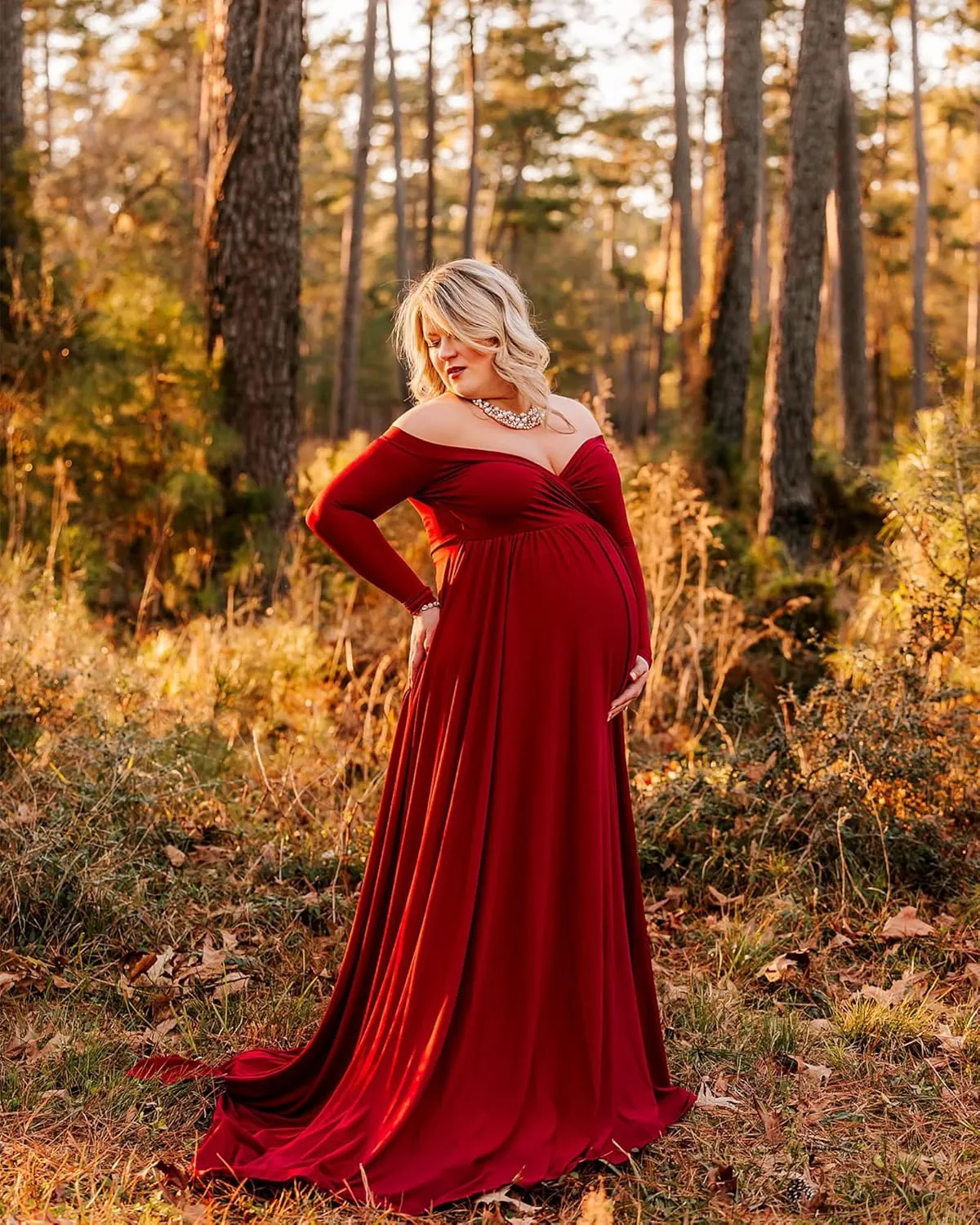 Saslax Maternity Off Shoulders Half Circle Gown for Baby Shower Photo Props Dress