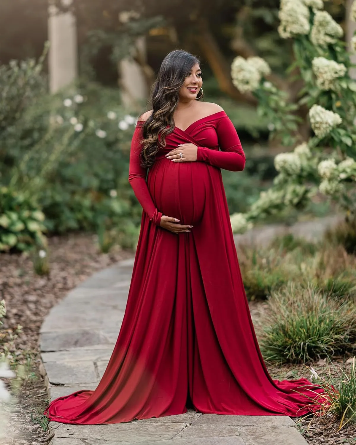 Saslax Maternity Off Shoulders Half Circle Gown for Baby Shower Photo Props Dress