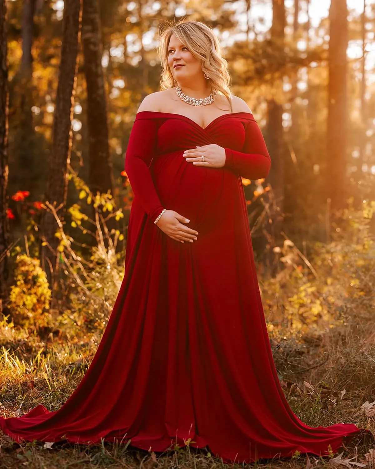 Saslax Maternity Off Shoulders Half Circle Gown for Baby Shower Photo Props Dress
