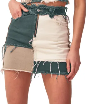 Tulucky Womens Fashion Mid-Rise Color Blocking Patchwork Ripped Stretch Denim Skirts