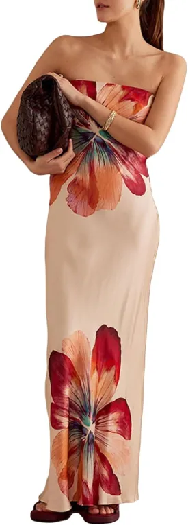 Women Floral Formal Strapless Dress Sexy Backless Maxi Long Dresses Y2K Sleeveless Mesh Bodycon Tube Summer Sundress