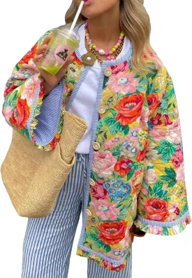Women Floral Print Quilted Jackets Warm Long Sleeve Button Down Open Front Padded Jackets Lightweight Puffer Coat