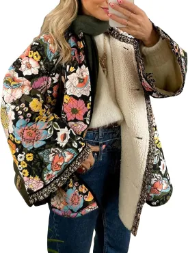 Women Floral Print Quilted Jackets Warm Long Sleeve Button Down Open Front Padded Jackets Lightweight Puffer Coat