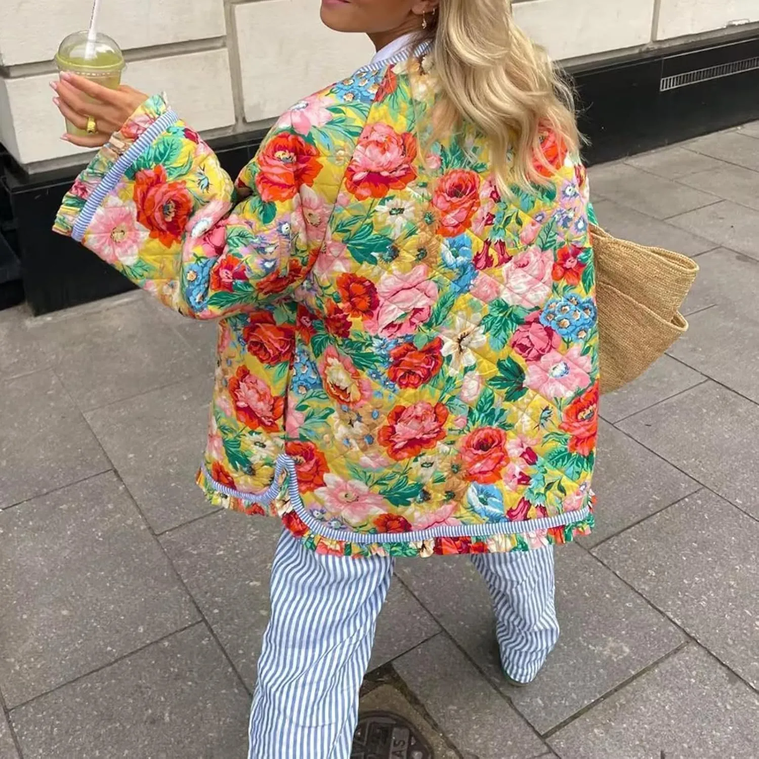 Women Floral Print Quilted Jackets Warm Long Sleeve Button Down Open Front Padded Jackets Lightweight Puffer Coat
