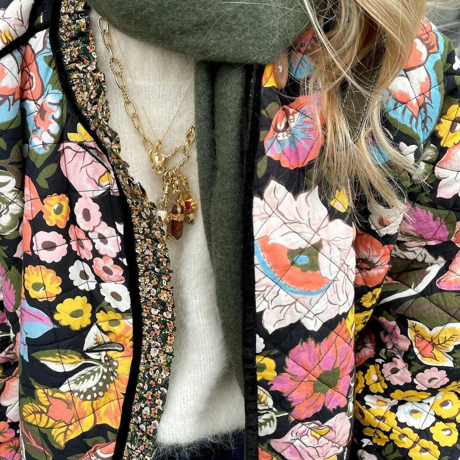 Women Floral Print Quilted Jackets Warm Long Sleeve Button Down Open Front Padded Jackets Lightweight Puffer Coat
