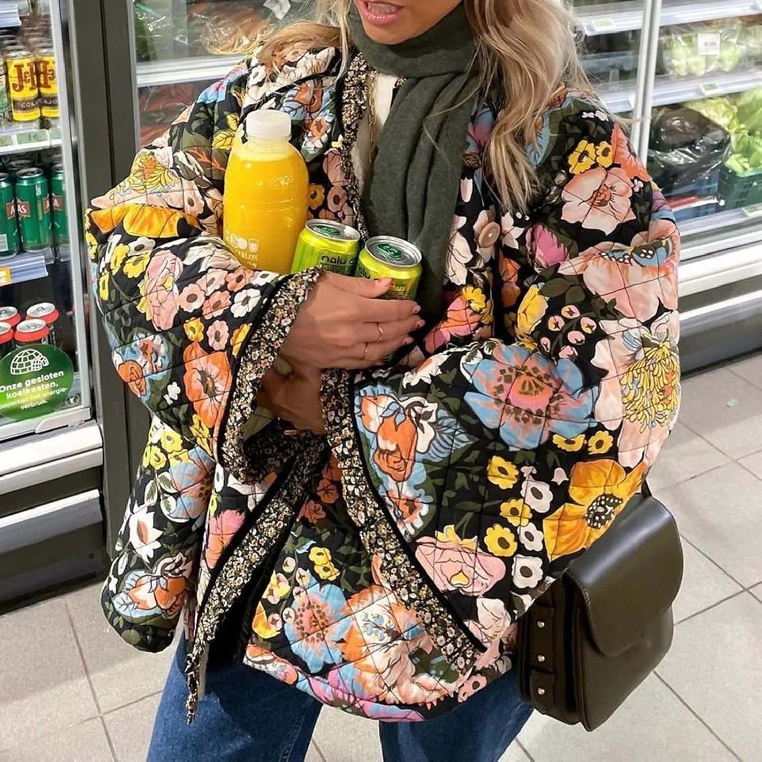 Women Floral Print Quilted Jackets Warm Long Sleeve Button Down Open Front Padded Jackets Lightweight Puffer Coat