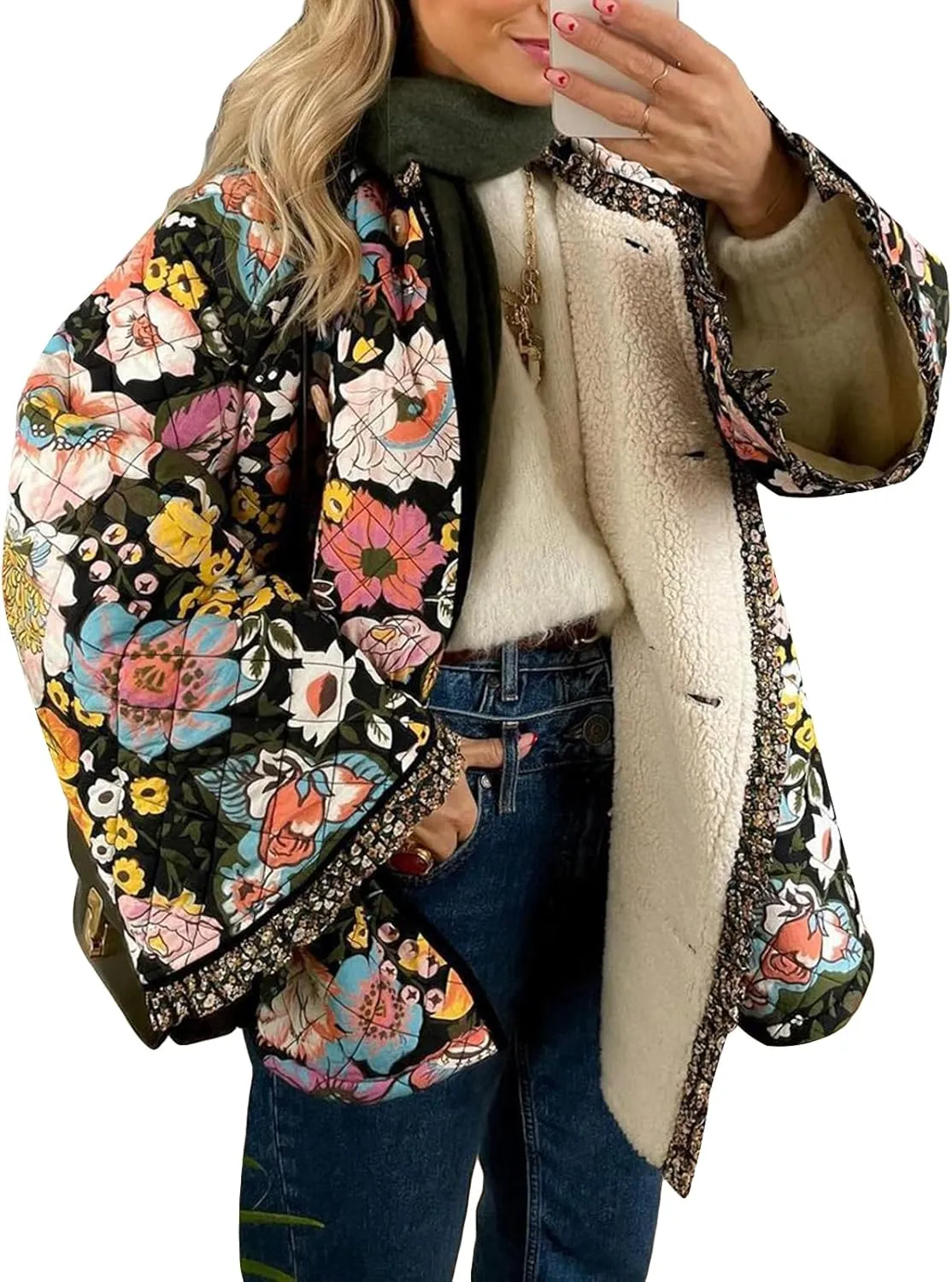Women Floral Print Quilted Jackets Warm Long Sleeve Button Down Open Front Padded Jackets Lightweight Puffer Coat