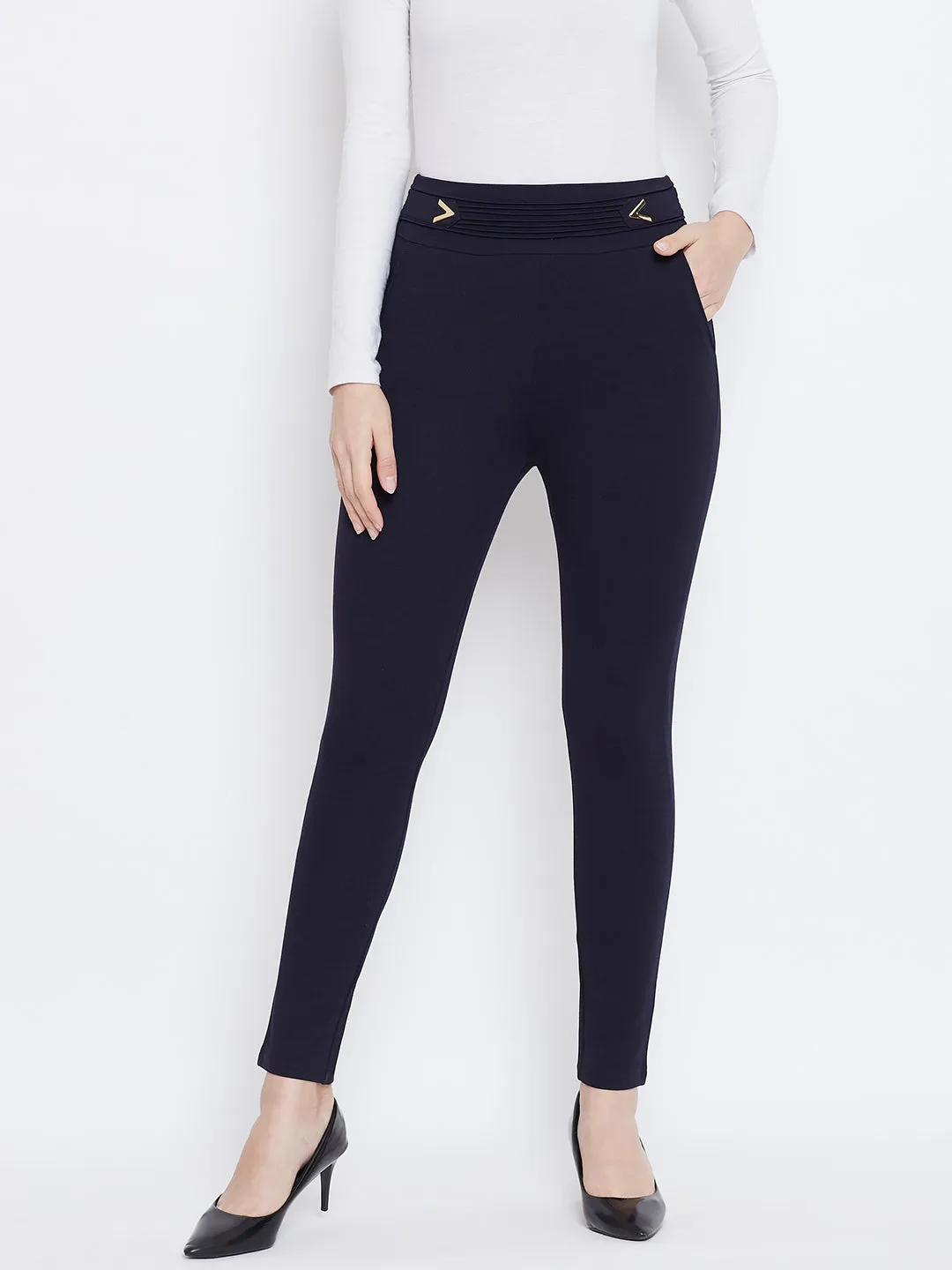 Women Navy Blue Solid Jeggings