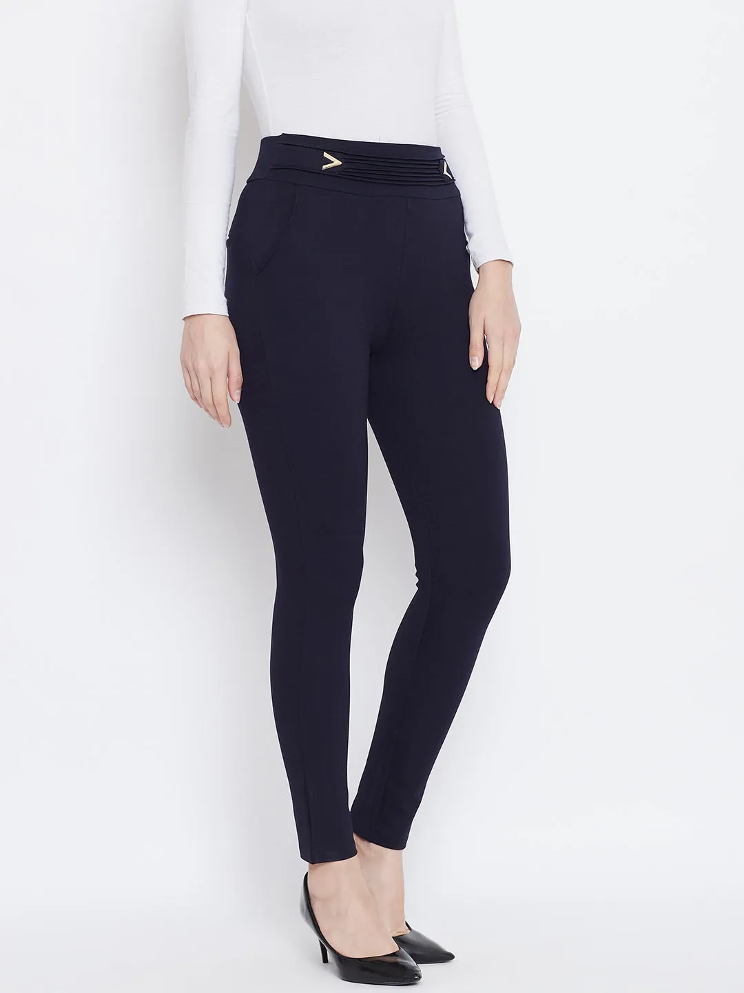 Women Navy Blue Solid Jeggings