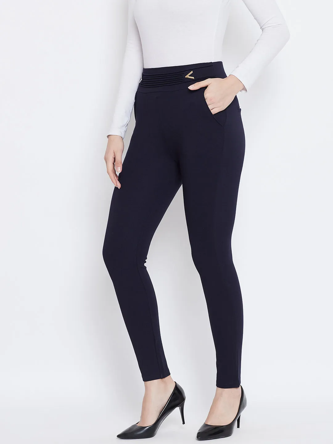 Women Navy Blue Solid Jeggings