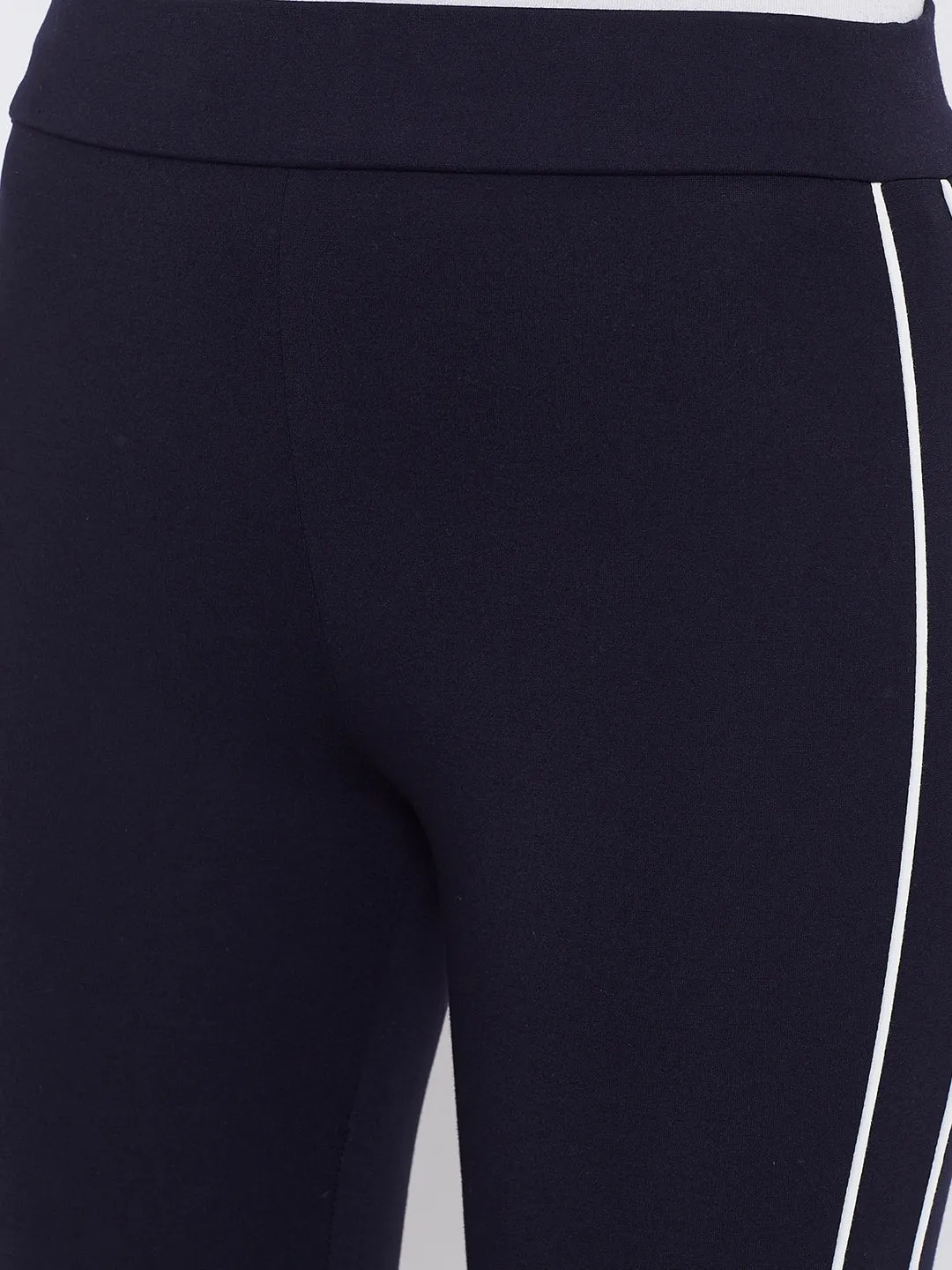 Women Navy Blue Solid Striped Jeggings