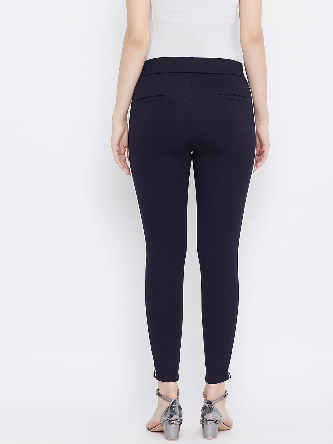 Women Navy Blue Solid Striped Jeggings