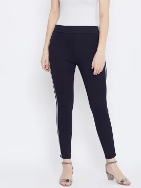 Women Navy Blue Solid Striped Jeggings