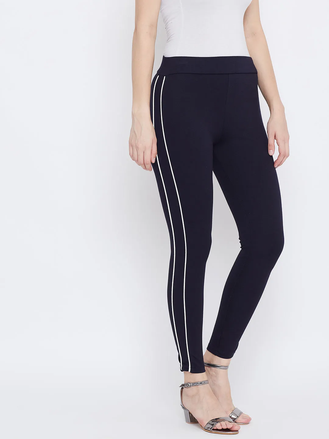 Women Navy Blue Solid Striped Jeggings