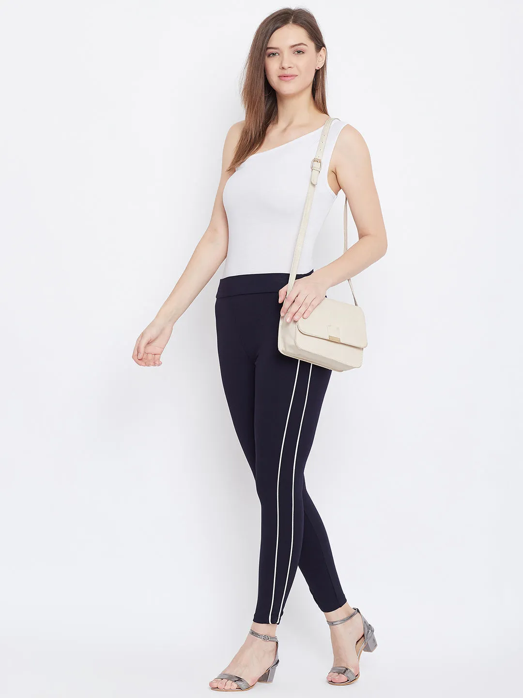 Women Navy Blue Solid Striped Jeggings