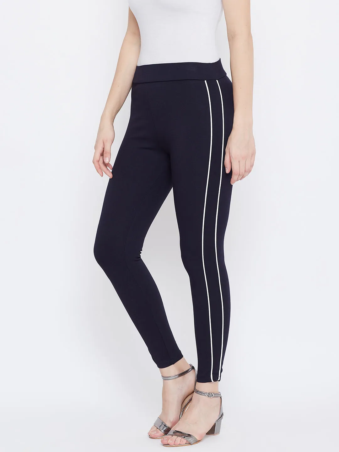Women Navy Blue Solid Striped Jeggings