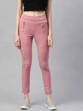 Women Pink Side Zipper Striped Jeggings