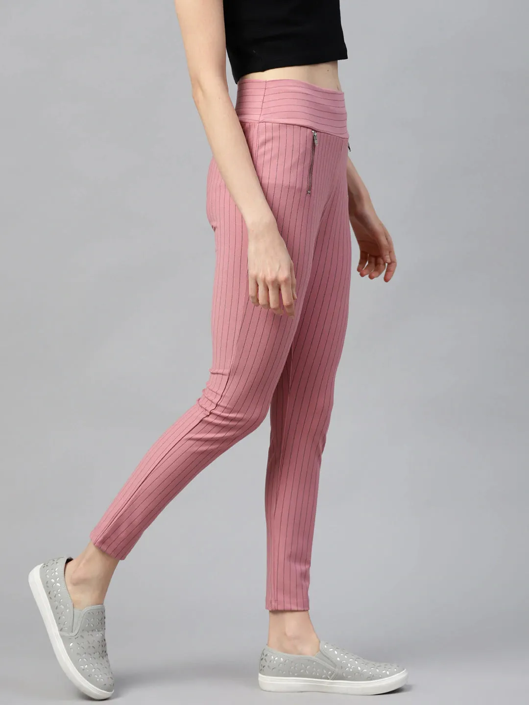 Women Pink Side Zipper Striped Jeggings
