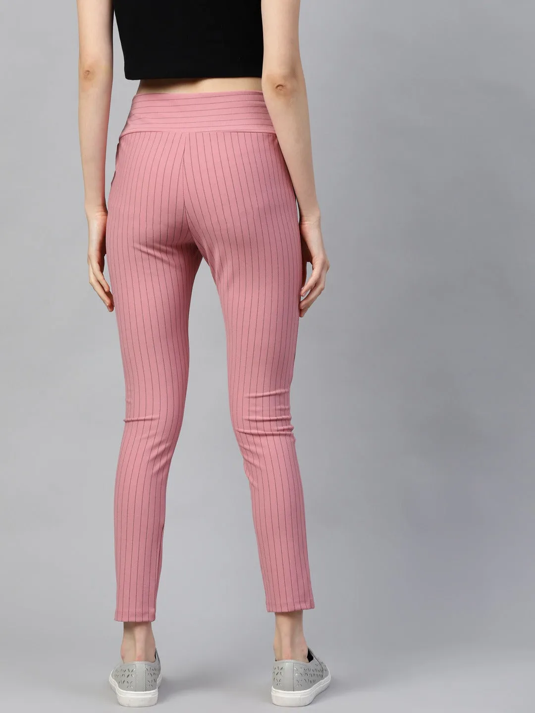 Women Pink Side Zipper Striped Jeggings