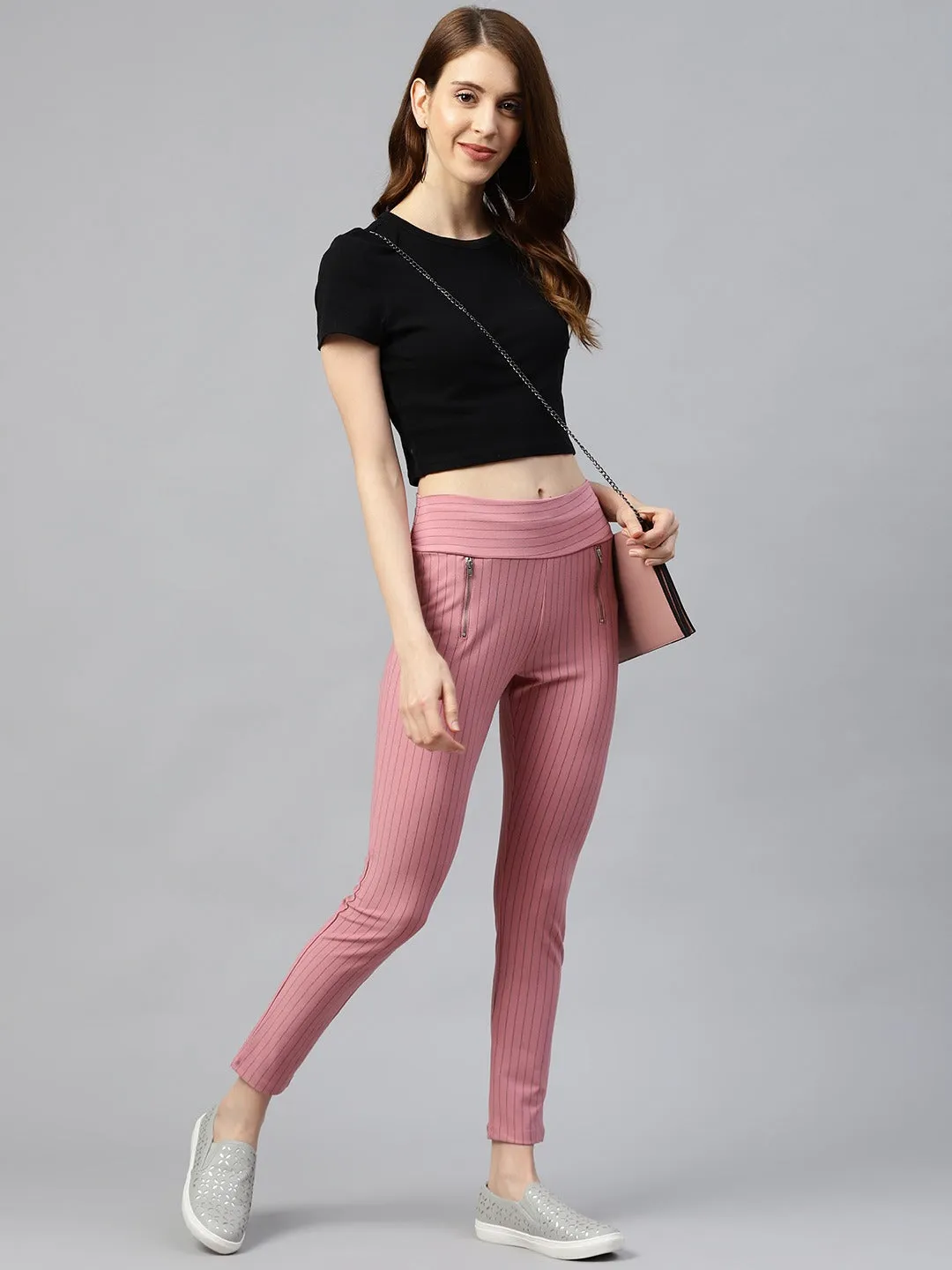 Women Pink Side Zipper Striped Jeggings