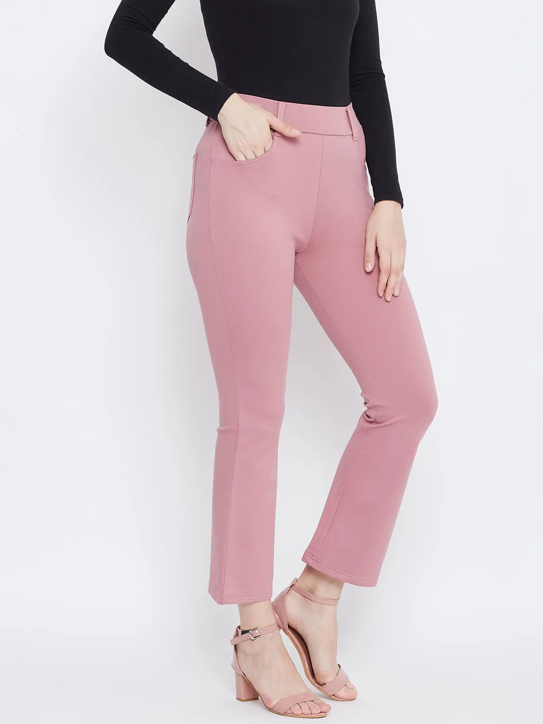 Women Pink Solid Bootcut Jeggings