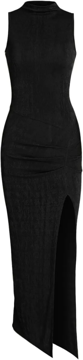 Women Sexy Semi Sheer Sleeveless Mock Turtleneck Jersey Ruched Thigh Slit Bodycon Maxi Dress for Party Club Night
