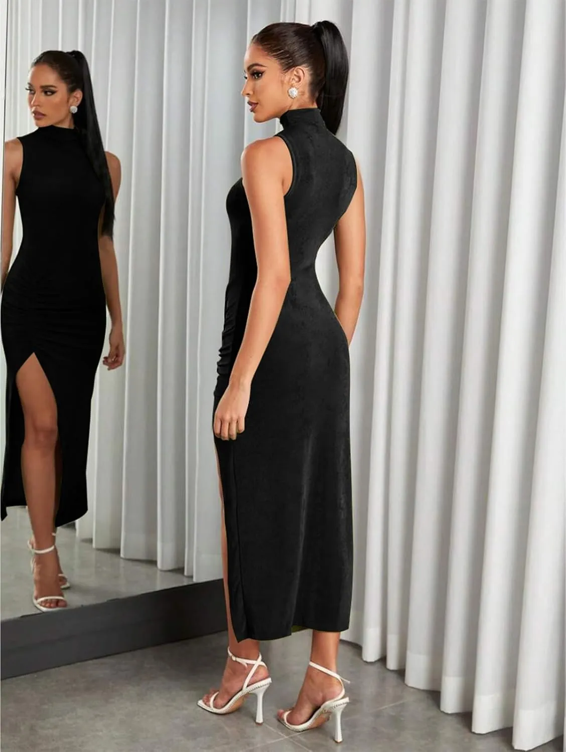 Women Sexy Semi Sheer Sleeveless Mock Turtleneck Jersey Ruched Thigh Slit Bodycon Maxi Dress for Party Club Night