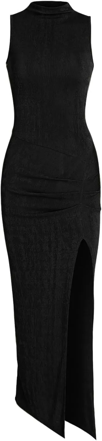 Women Sexy Semi Sheer Sleeveless Mock Turtleneck Jersey Ruched Thigh Slit Bodycon Maxi Dress for Party Club Night