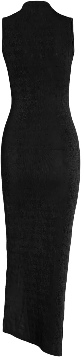 Women Sexy Semi Sheer Sleeveless Mock Turtleneck Jersey Ruched Thigh Slit Bodycon Maxi Dress for Party Club Night