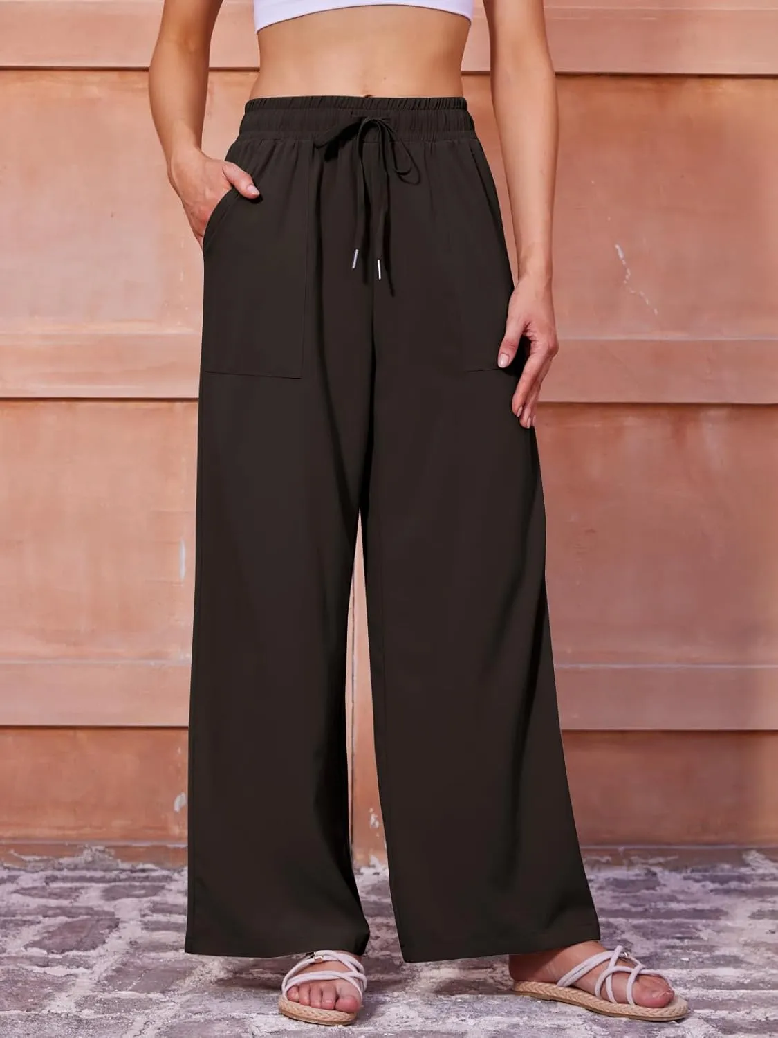 Women's Casual Pants with Drawstring Lightweight Wide Leg Pants High Waisted Slacks