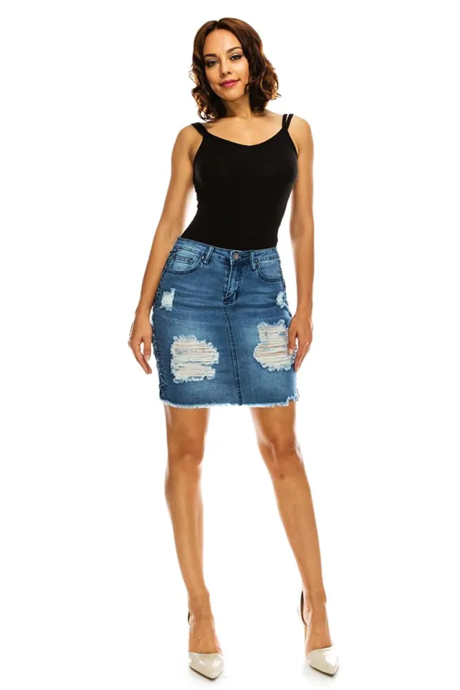 Women's Destroyed Side Lace-Up Denim Skirt