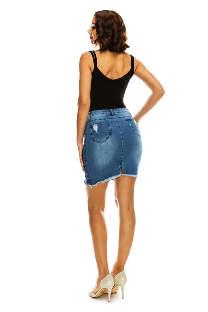 Women's Destroyed Side Lace-Up Denim Skirt