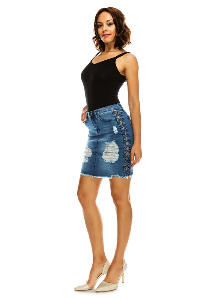 Women's Destroyed Side Lace-Up Denim Skirt