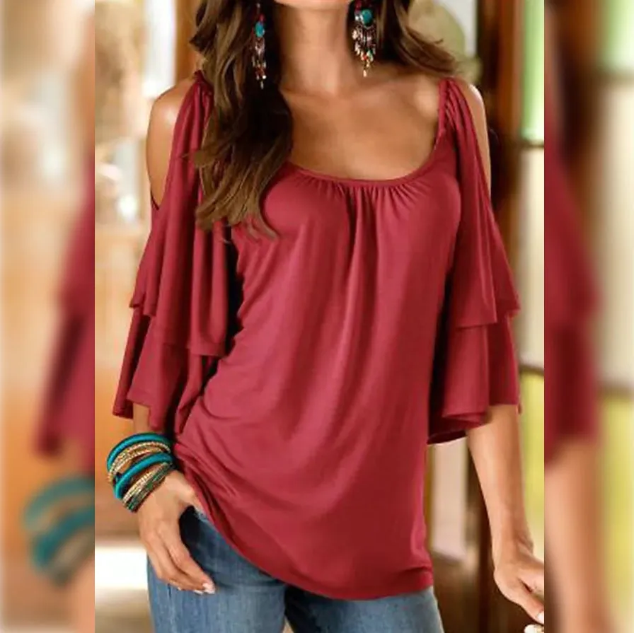 Women's T-Shirt Plain Ruffle Cold Shoulder Short Sleeve
