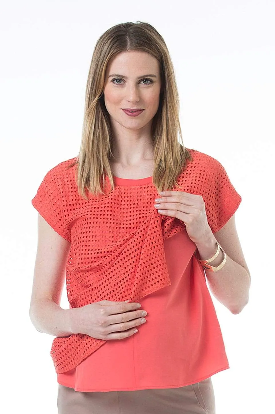 Woven Kimono Sleeves Christine Overlapping Top Coral