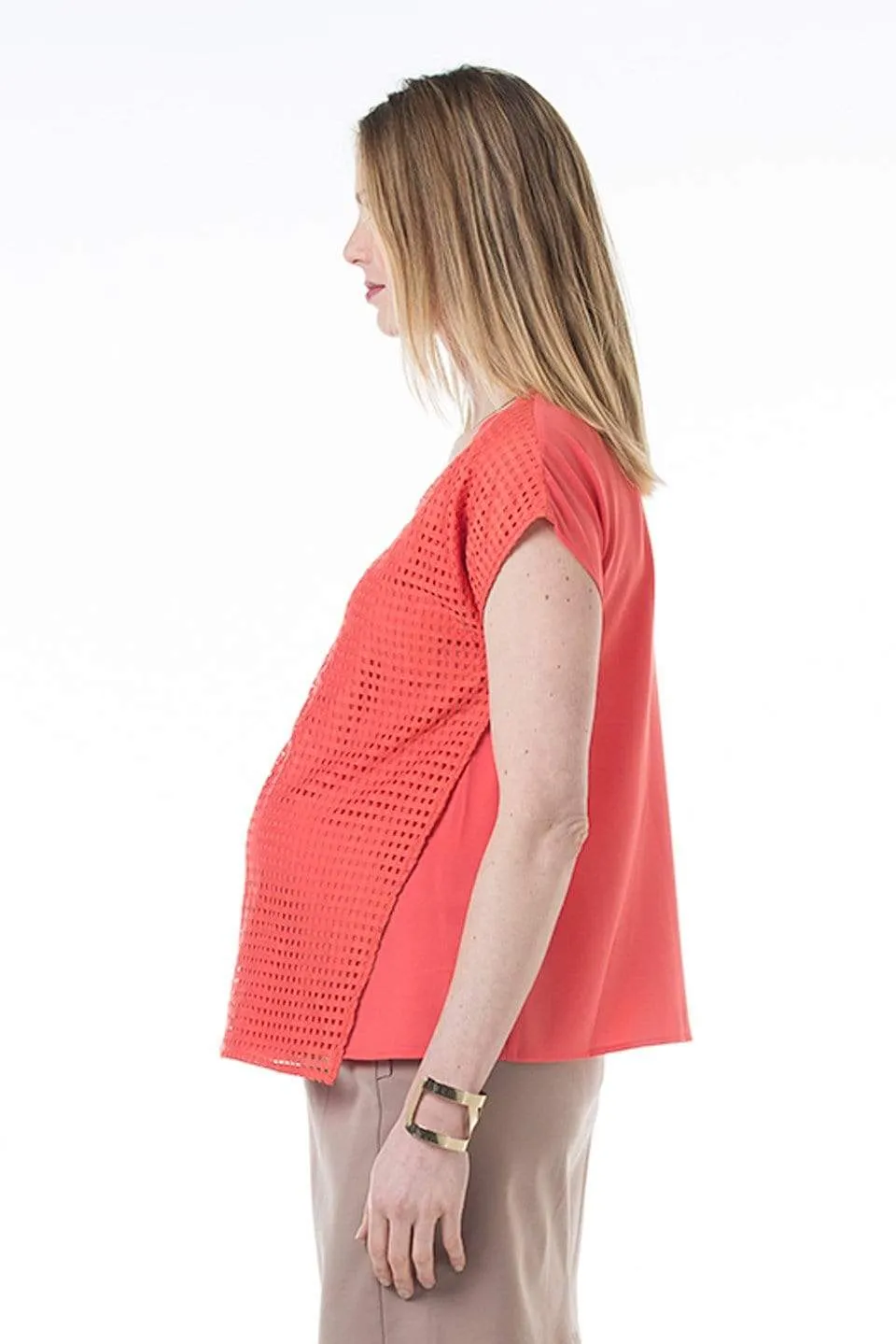 Woven Kimono Sleeves Christine Overlapping Top Coral