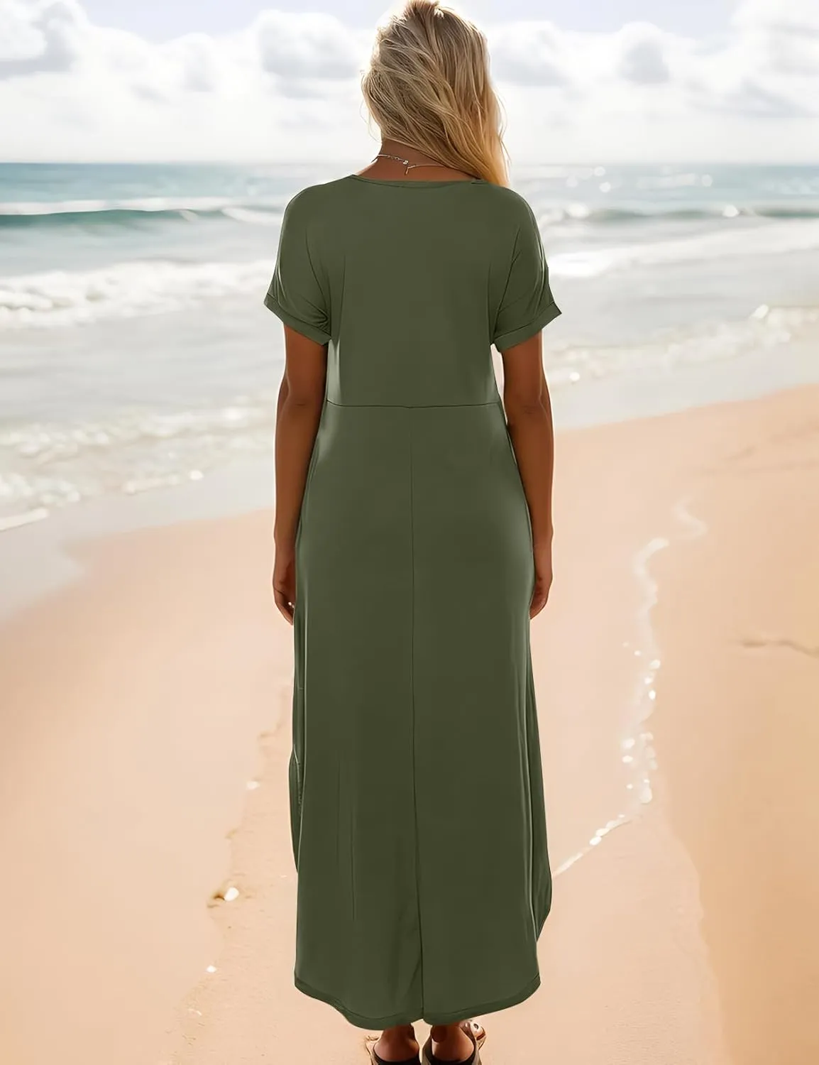 Zilcremo Women Summer Casual Maxi Dress Loose Pockets Short Sleeve Split Boho Dresses Apricot
